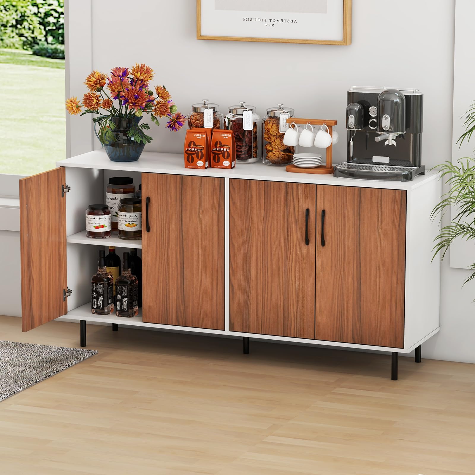 Wood Credenza Storage IFANNY Buffet Cabinet With Doors \u0026 Adjustable Shelves  - 45-inch Modern Sideboard For Dining Room Kitchen Storage Cabinet, image size:1600x1600