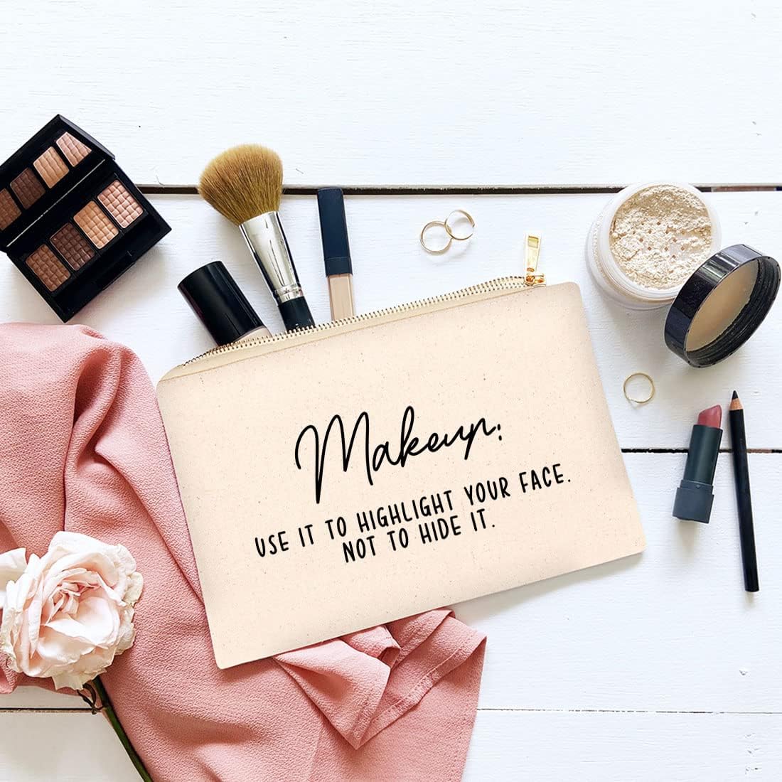 Andaz Press Funny Makeup Bag Canvas Cosmetic Bag Makeup Use It To Highlight Your Face Not To Hide It Makeup Pouch For Purse Travel Pouch Funny Pencil Bag Cute Birthday Gifts for Women 6.5 x 9 Inch