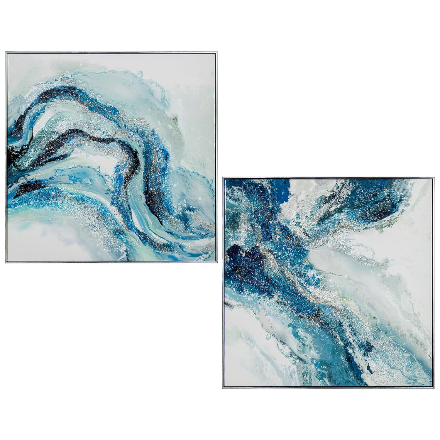 Tableau abstrait bleu blanc 80x80 lot de 2 cadre bois décoration murale salon