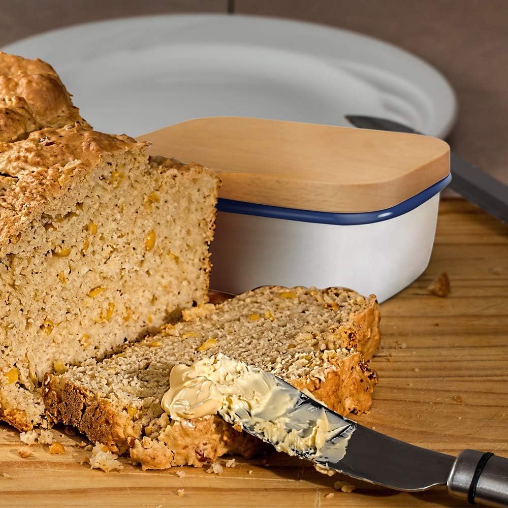 🛒 Flash Sale Butter Dish, Butter Keeper Container with Beech Wooden Lid, Perfect for 2 Sticks of Butter, Pure White 6”×4”×2.5”