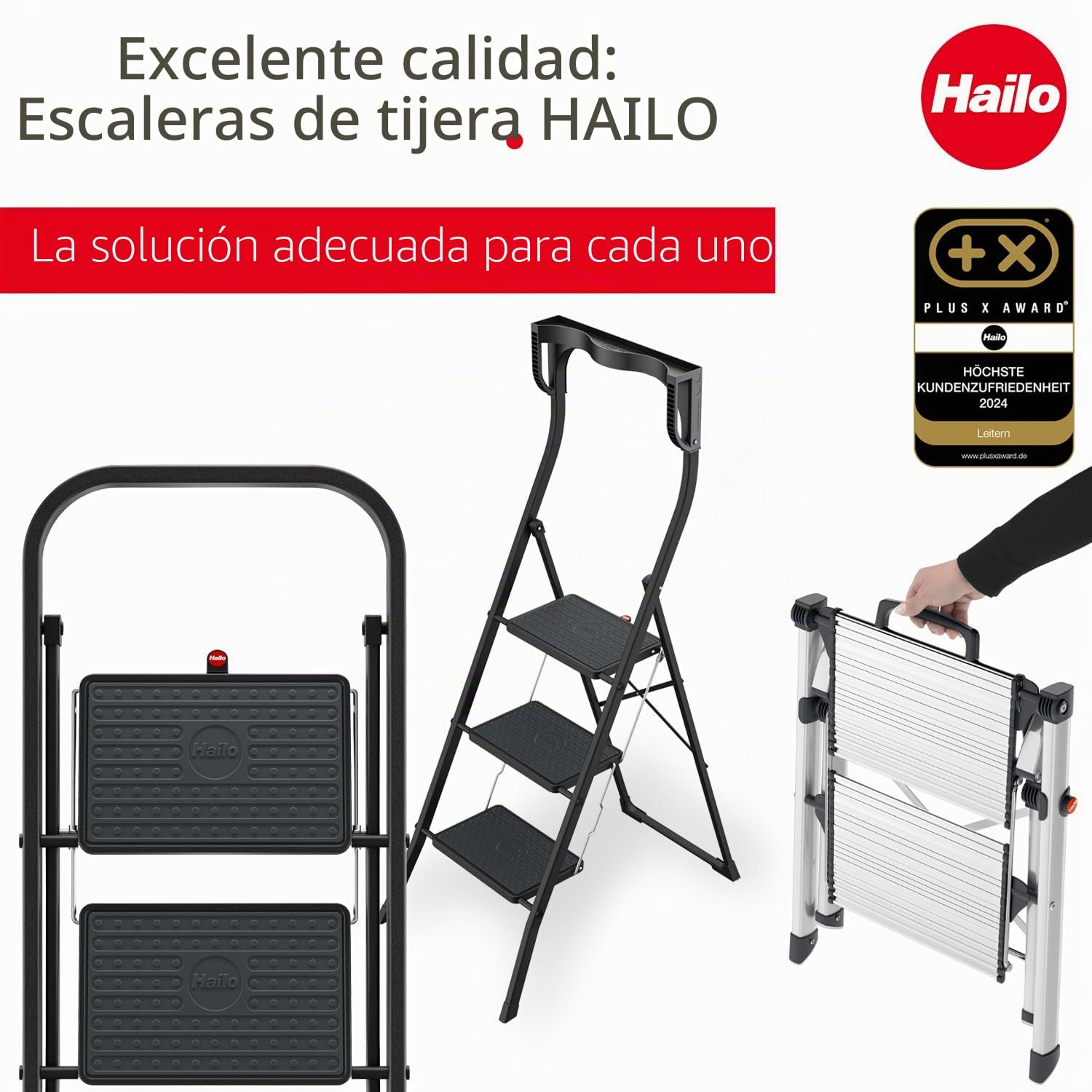 Hailo K30 3960161 Taburete de Aluminio con 2 Peldaños y Esterillas Antideslizantes, Plateado