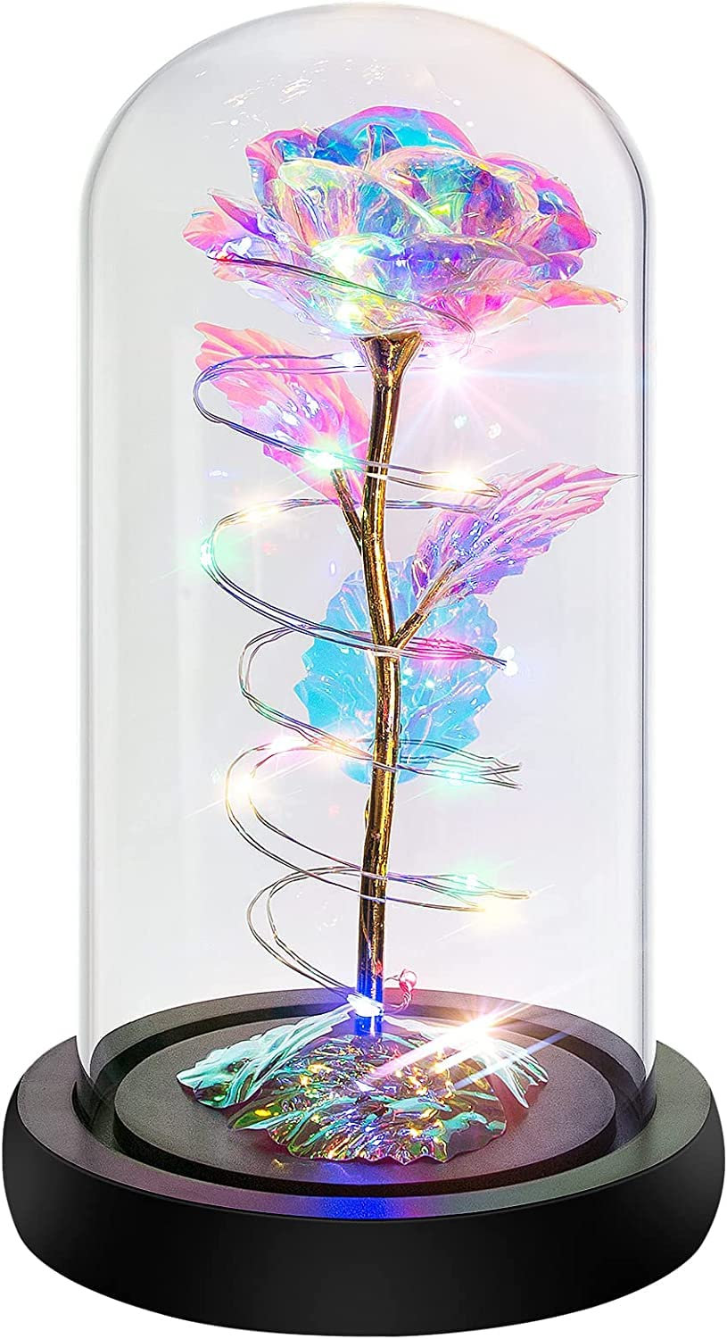 MONOGUE Galaxy Rose Flower Gift,Colorful Artificial Rose Flower Gifts Forever in Glass Dome,Rose Flower Gift For Her,Anniversary,Wedding (Multi Color colorful)