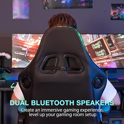 Miniatura 5 de HOFFREE Silla LED para juegos con altavoces y silla de videojuegos de masaje, grande y alta, para 400 libras, con reposapiés reclinable, respaldo