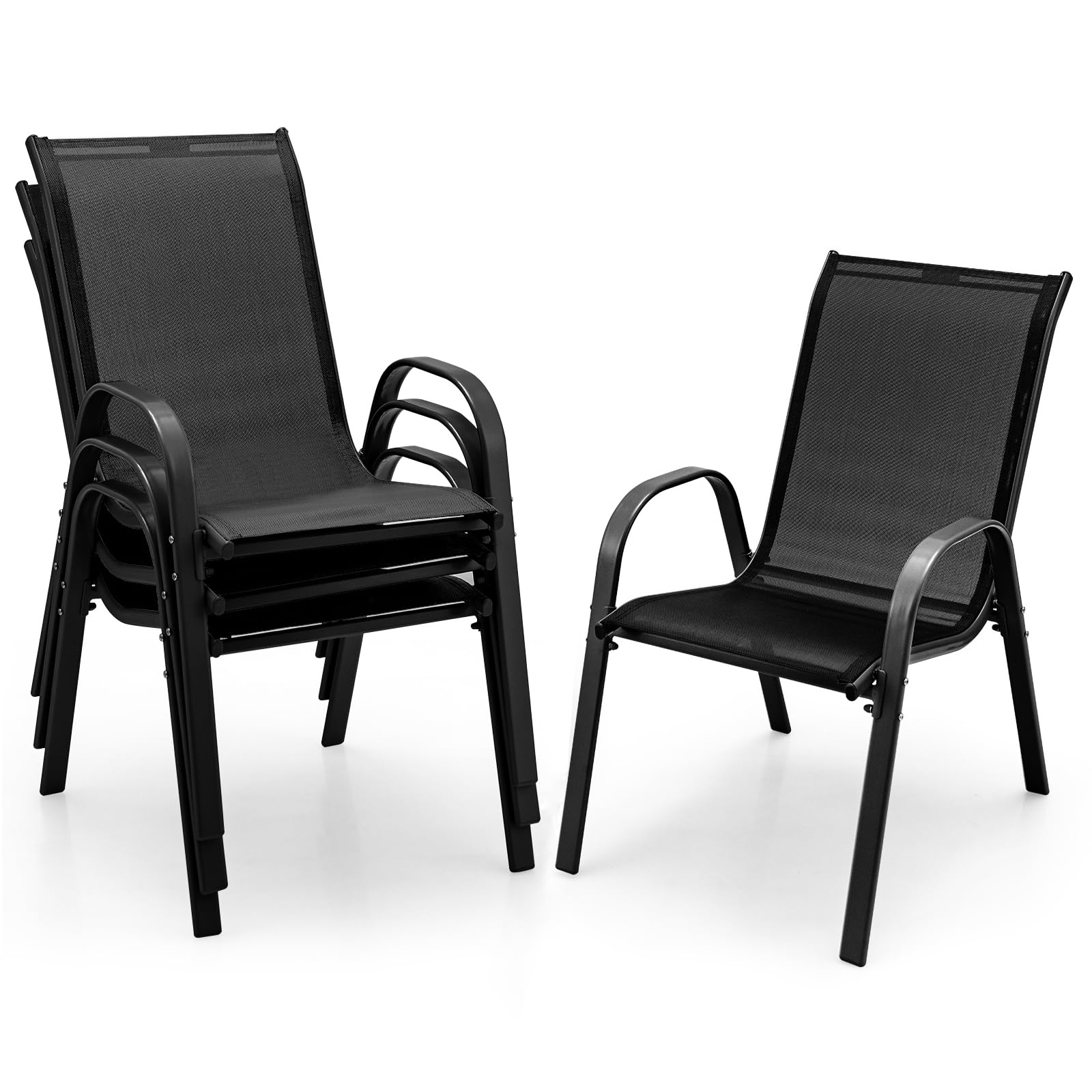 Giantex Patio Chairs Set of 4, Stackable Outdoor Dining Chairs with Breathable &amp; Quick-Dry Fabric &amp; Armrests for All Weather, Lawn, Backyard, Poolside,Porch, Deck, 330 LBS Capacity (Black)