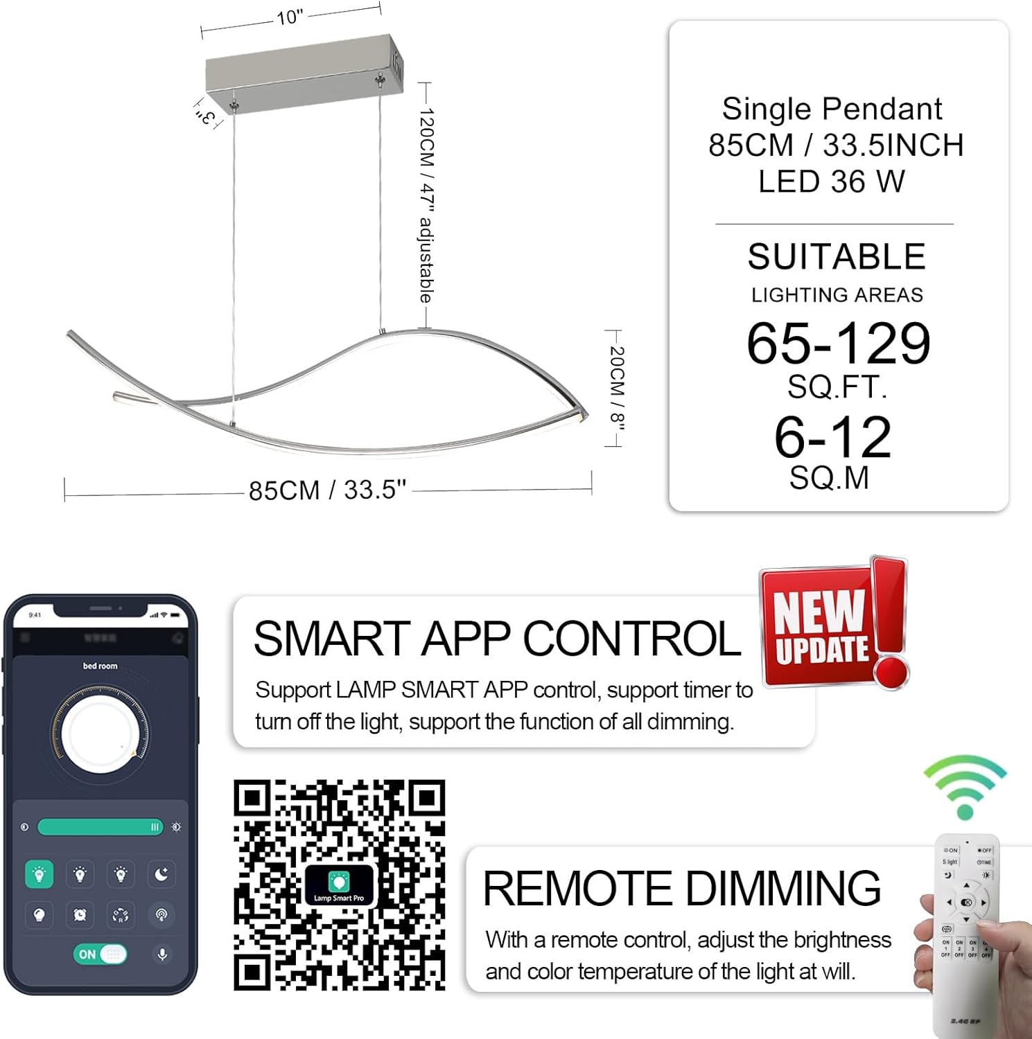 Fish Shape LED Pendant Lights, Modern Island Light Dimmable with Adjustable Color Temperature, Island Light Fixture for Kitchen, Dining Room, Shop (Chrome Plated, 33‘’ one Fish Pendant)