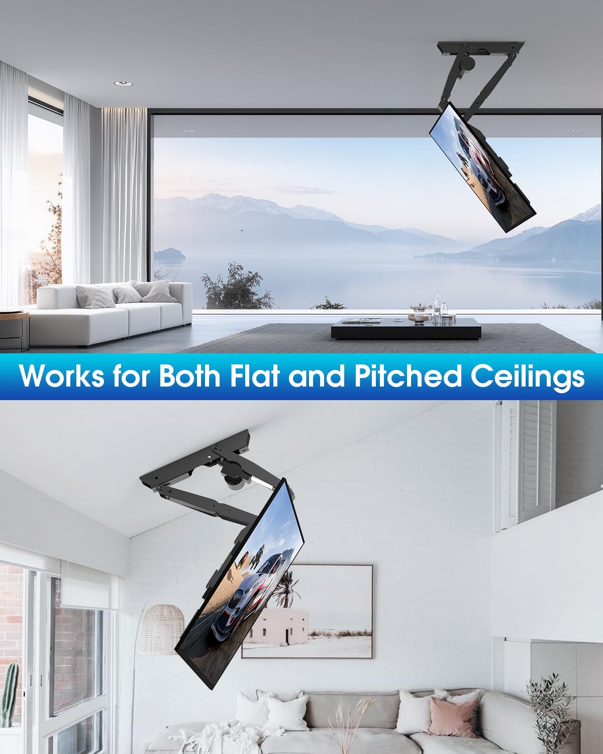 Soporte de techo eléctrico con mando a distancia para televisores planos y curvos de 32 a 70 pulgadas, para techos planos e inclinados, VESA máx. 600 x 400 mm, color negro