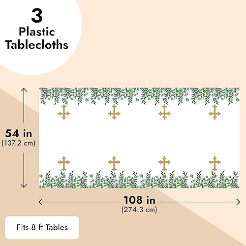 Miniatura 4 de Paquete de 3 manteles religiosos para fiesta de Pascua, bautismo, primera comunión, mantel de plástico con cruz dorada católica, 54 x 108 pulgadas,