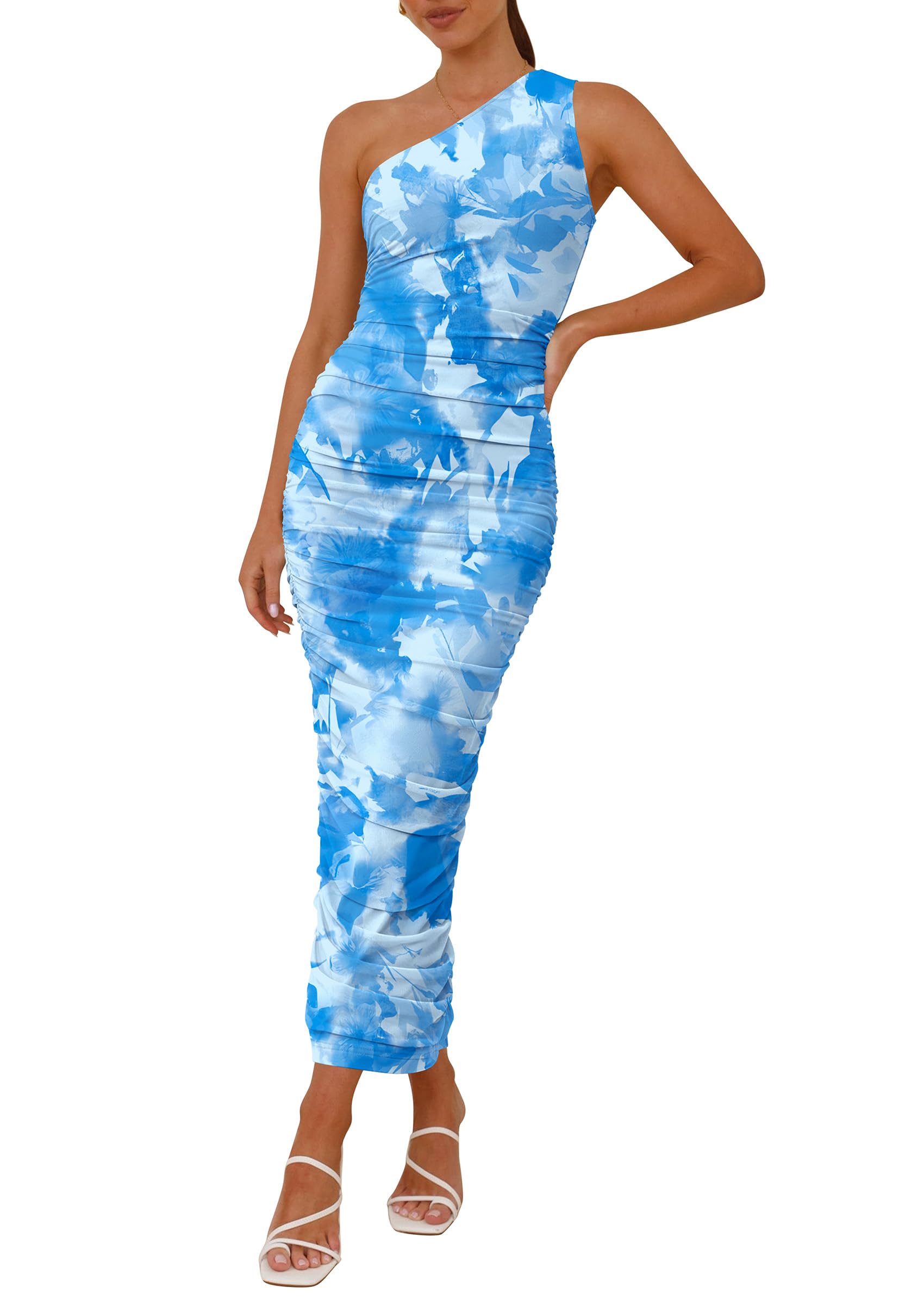 PRETTYGARDEN Women's One Shoulder Bodycon Dresses Summer 2026 Ruched Floral Beach Cocktail Wedding Guest Dress