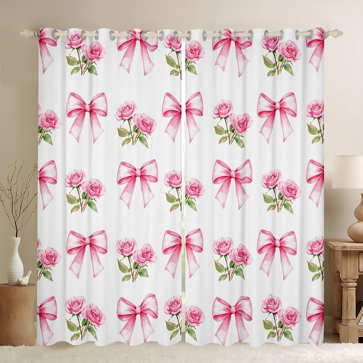 Pink Bowknot Kids Blackout Curtains,Rose Flowers Valentine's Day Romantic Window Drapes for Girls Women,Pink Bow Tie Knot Princess Dreamy Window Treatments Grommet Top 2 Panel Set,66Wx90L inch