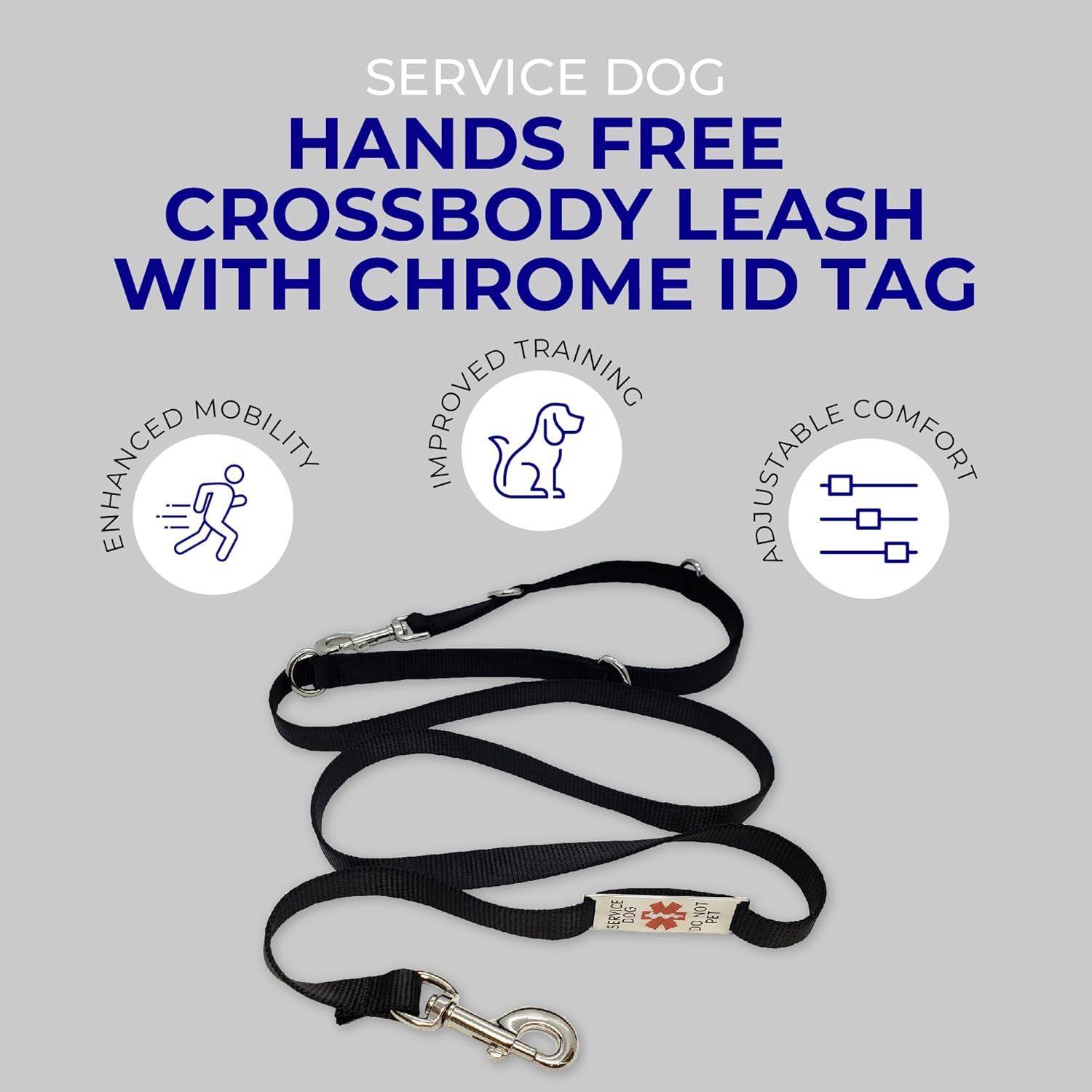 ActiveDogs Hands Free Leash - 7ft Crossbody, Service Dog Leash with Chrome 'Service Dog Do Not Pet' Tag - Strong 3/4" Nylon, Double Stitched, Black