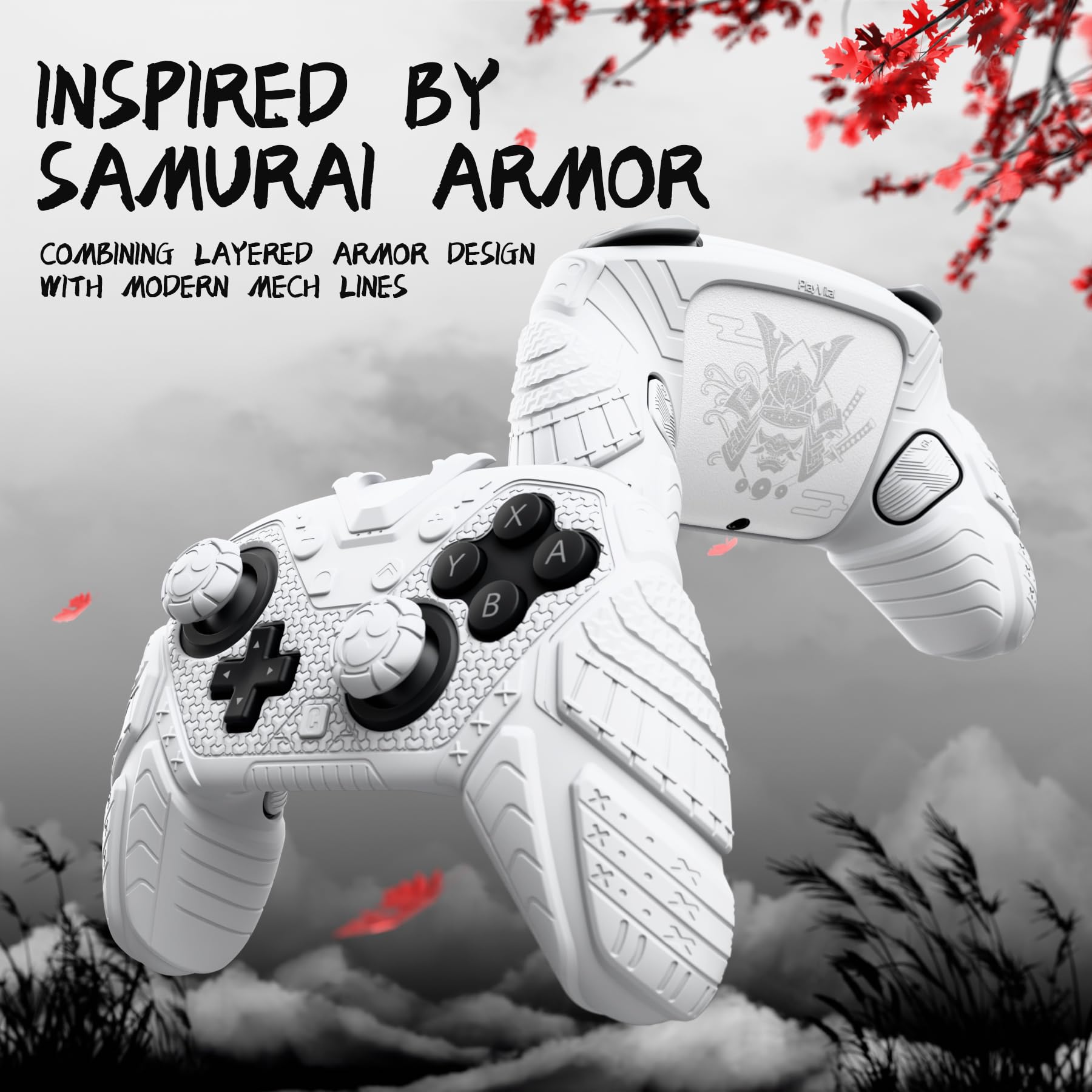 playvital for Nintendo Switch 2 Pro Controller Skin Cover – Samurai Armor Edition Silicone Case for Switch 2 Pro Controller with Back Button Caps & Thumb Grip & Sticker, Shockproof - White - 4