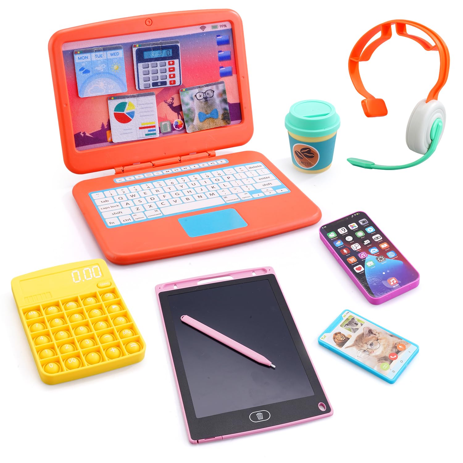 KUMDIYIT Pretend Play Home Office Set-Toy Kids Laptop,2 Cell Phones,LCD Writing Tablet,Pop Fidget Calculator,Headset & Beverage Cup for Toddlers(Ages 3+)-Work Simulation Play