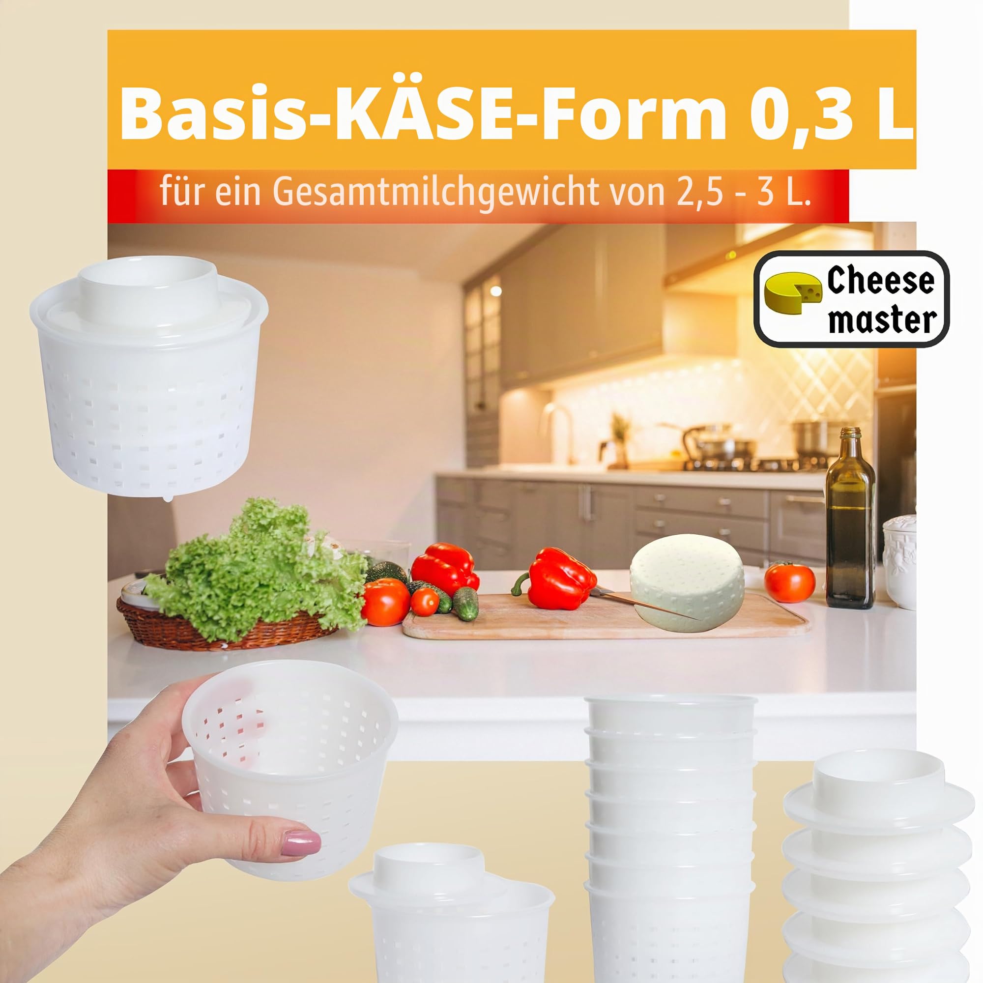 10 Käseförmchen mit Spender 300 ml - Set für den Hausgemachten Hartkäse und Weichkäse - Käsekorb