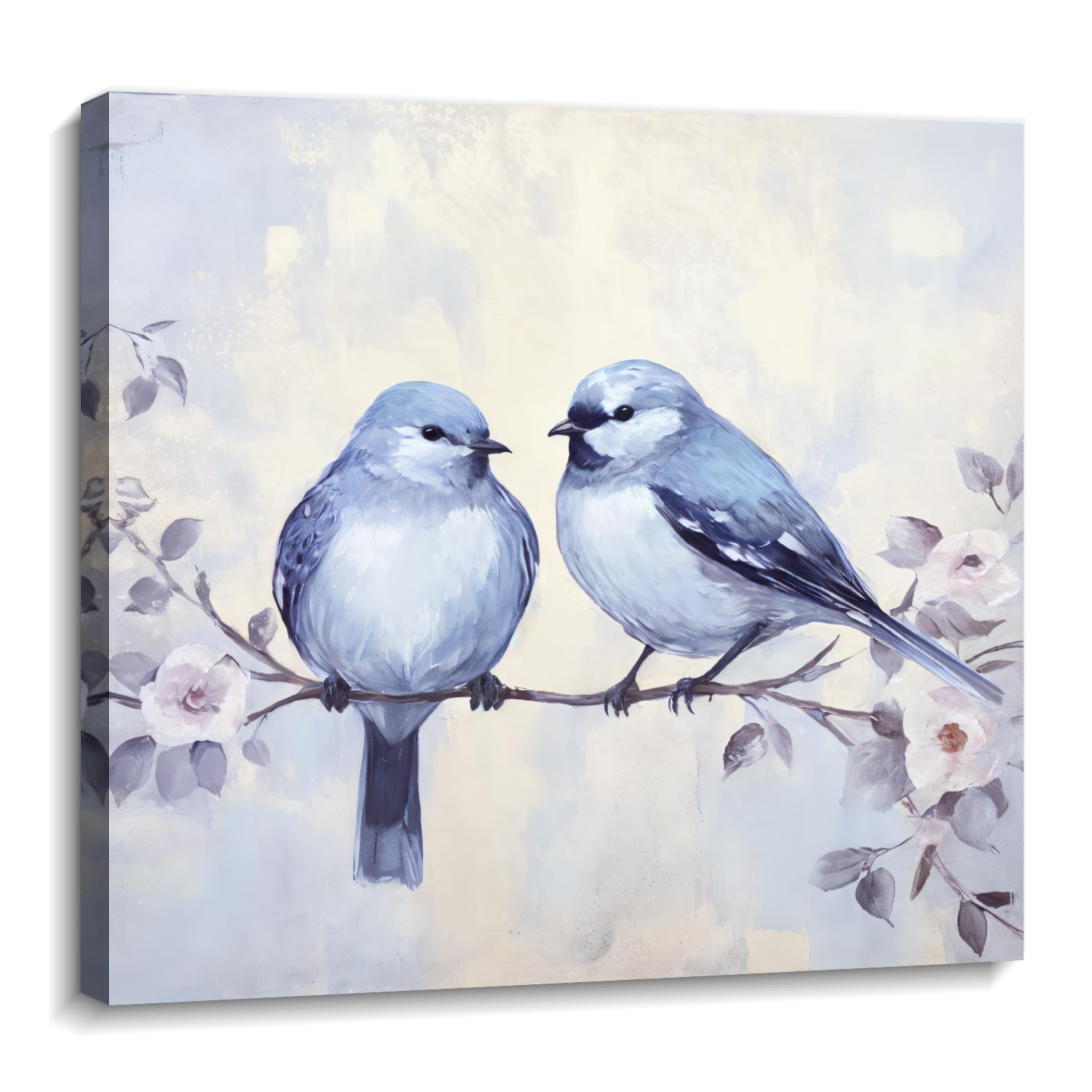 LYUNSHUO Bird Canvas Wall Art Couples Blue Birds on Tree Branch Picture Print Wall Decor Nature Scenery Painting Modern Artwork for Living Room Bedroom Bathroom Home Decor Framed(Bird-1,12.00"x12.00")