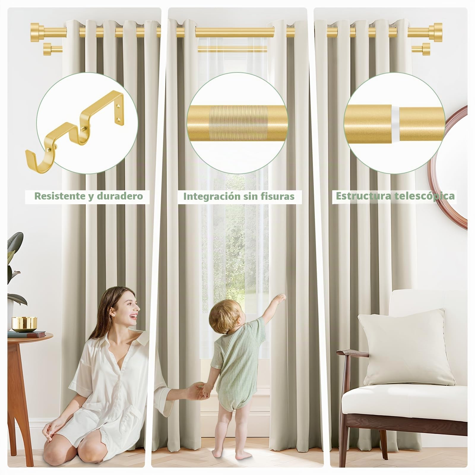 TANGWIN Barra doble para cortinas de hierro latón dorado, extensible de 167 a 305 cm, diámetro 2,5 cm, resistente y decorativa, para salón o dormitorio, diseño moderno, fácil de instalar