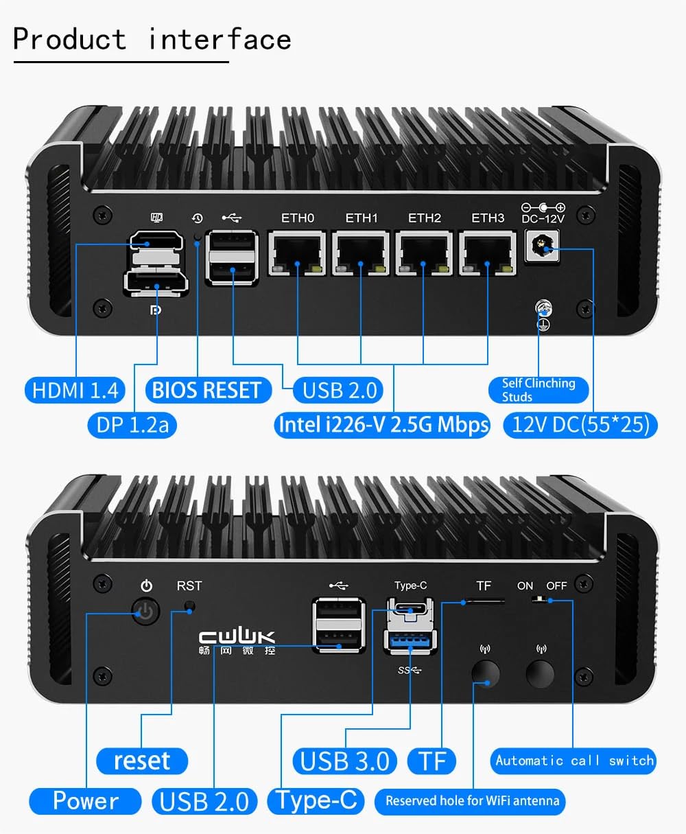 Firewall Appliance Mini PC, Intel Celeron J6412 2 x M.2 Nvme Quad Core 4xIntel I226 2.5G Ethernet VPN Router PC AES-NI HDMI DP 4/8/16/32/64GB DDR4 1TB M.2 Nvme (sin RAM sin SSD)