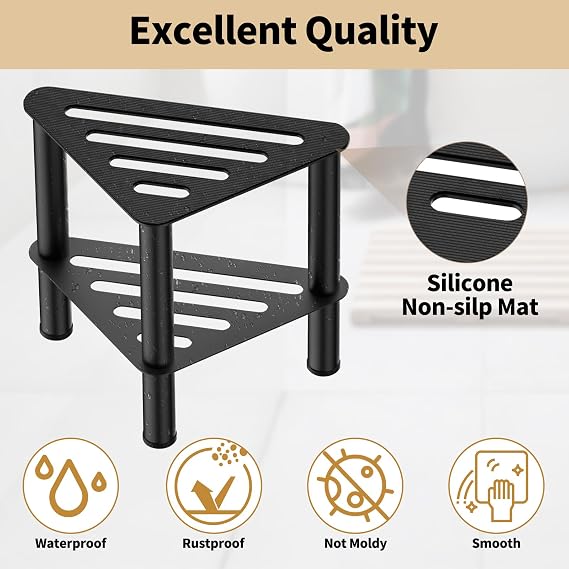 Corner Shower Foot Stool for Shaving Legs, Rust-Proof Non-Slip with Storage | Upgraded Black Metal Shower Foot Rest Bench, Waterproof & Double Layer Bathroom Small Spa Foot Step for Inside Shower