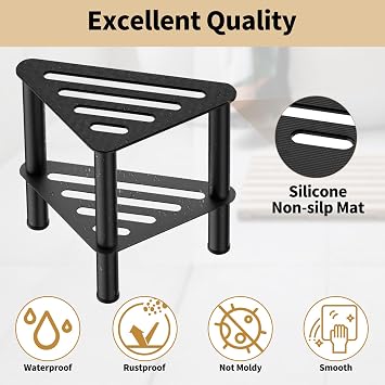 Corner Shower Foot Stool for Shaving Legs, Rust-Proof Non-Slip with Storage | Upgraded Black Metal Shower Foot Rest Bench, Waterproof & Double Layer Bathroom Small Spa Foot Step for Inside Shower