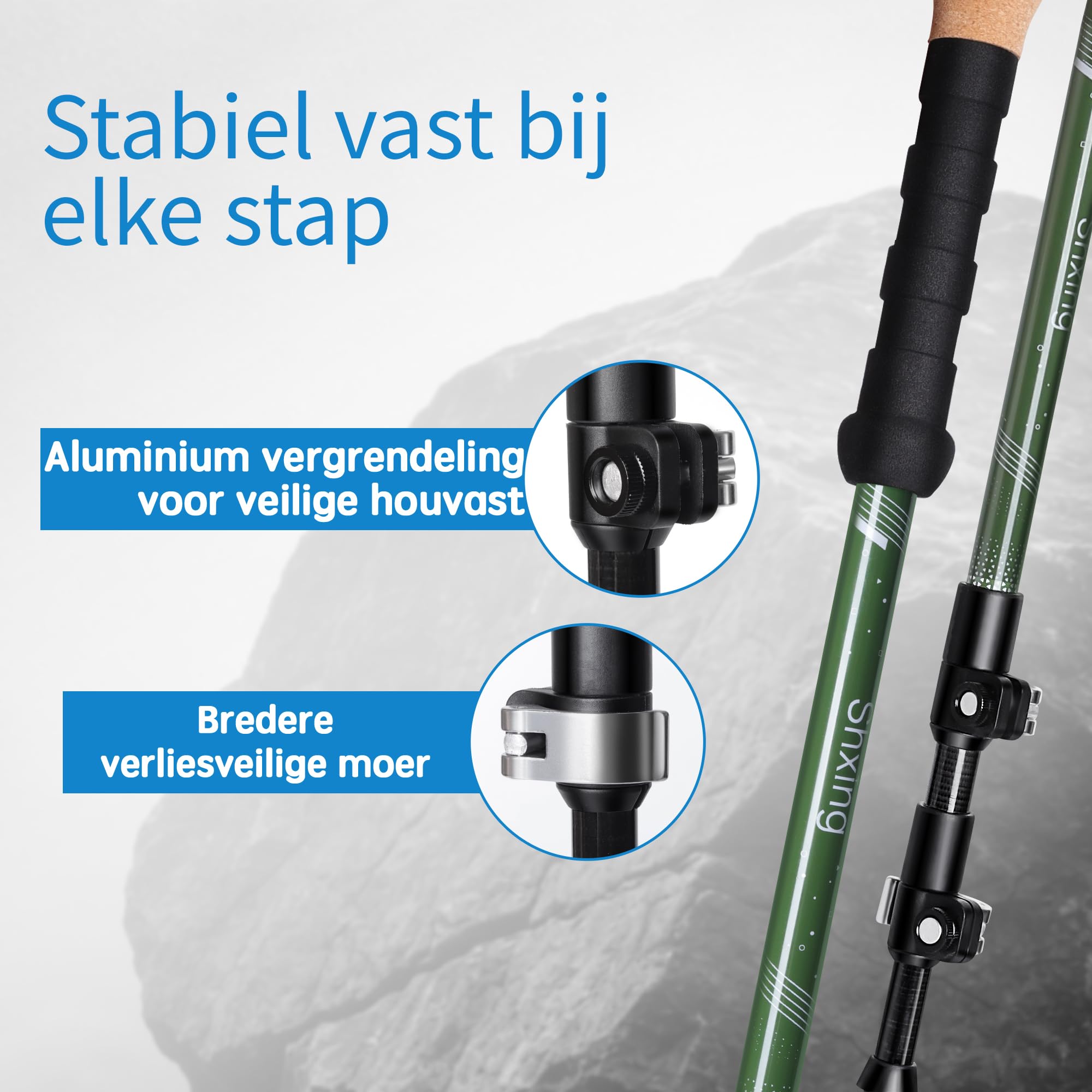 Teleskop-Wanderstöcke Carbon 2er Set, 200 g pro Stock, Grau | 62–135 cm verstellbar, Korkgriff mit EVA, Alu-Verschluss, Tasche & Zubehör, schlicht & vielseitig
