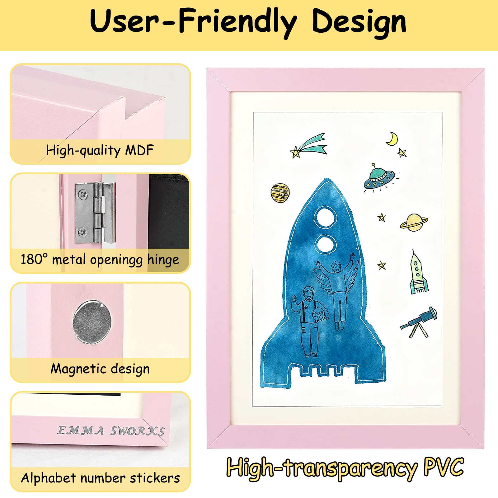 Kids Art Frame, 2 PACK Kids Artwork Display Frame Front Opening A4 Picture Frame - Image 4