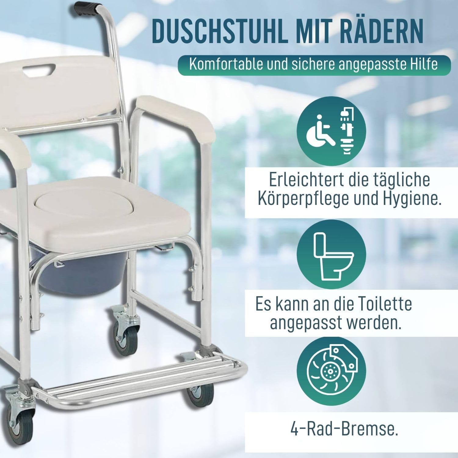 OrtoPrime WC-Duschstuhl mit Rädern und klappbaren Füßen — 3-in-1 — Stuhl mit eingebauter Toilette — tragbarer Toilettenstuhl für ältere Menschen — Duschrollstuhl — Geriatrischer Badezimmerstuhl