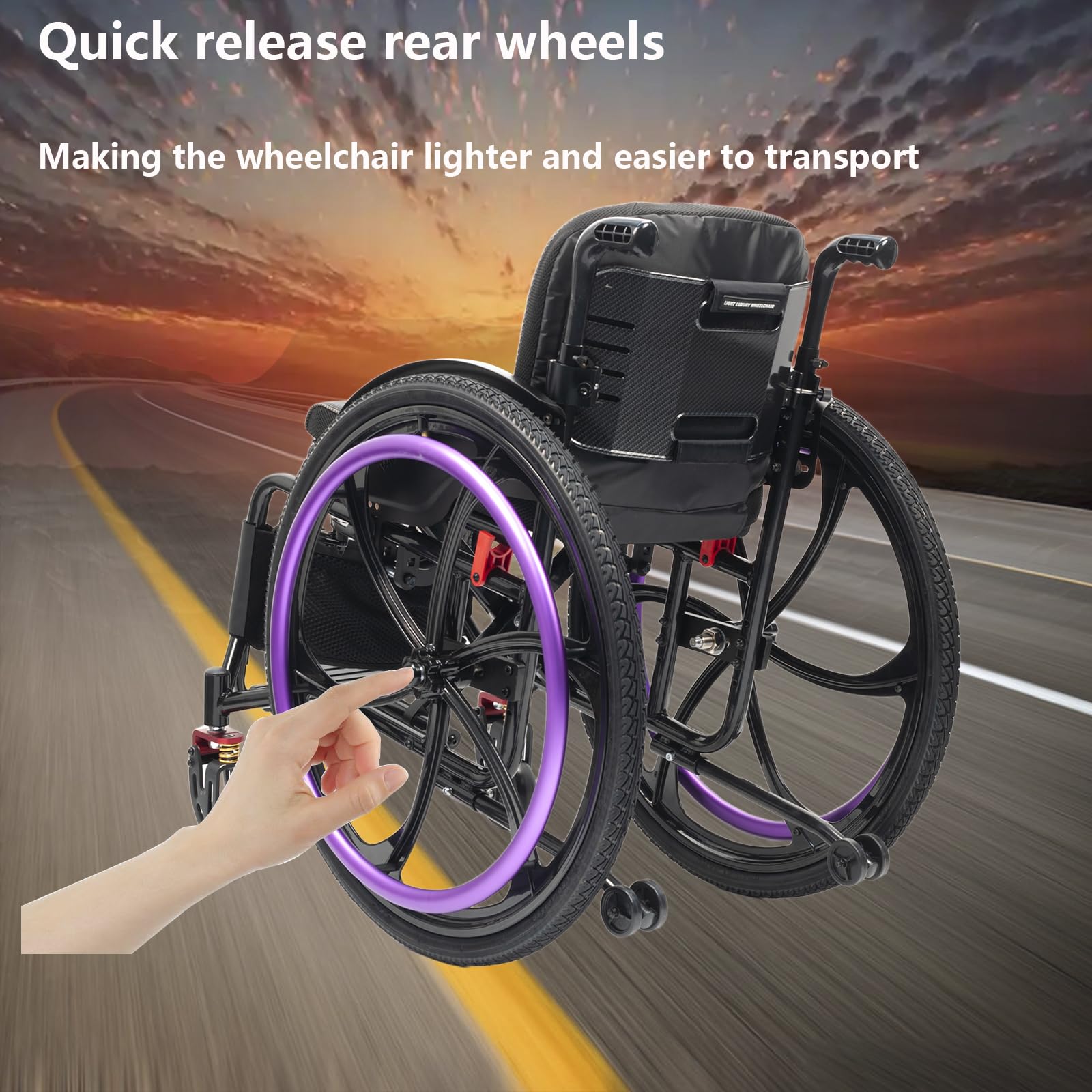 Silla de Ruedas Deportiva, Manual, Plegable, Transporte, Silla de Ruedas de Aluminio Ultraligera, Frenos manuales, Antivuelco(42cm/16.5 Seat,Purple)