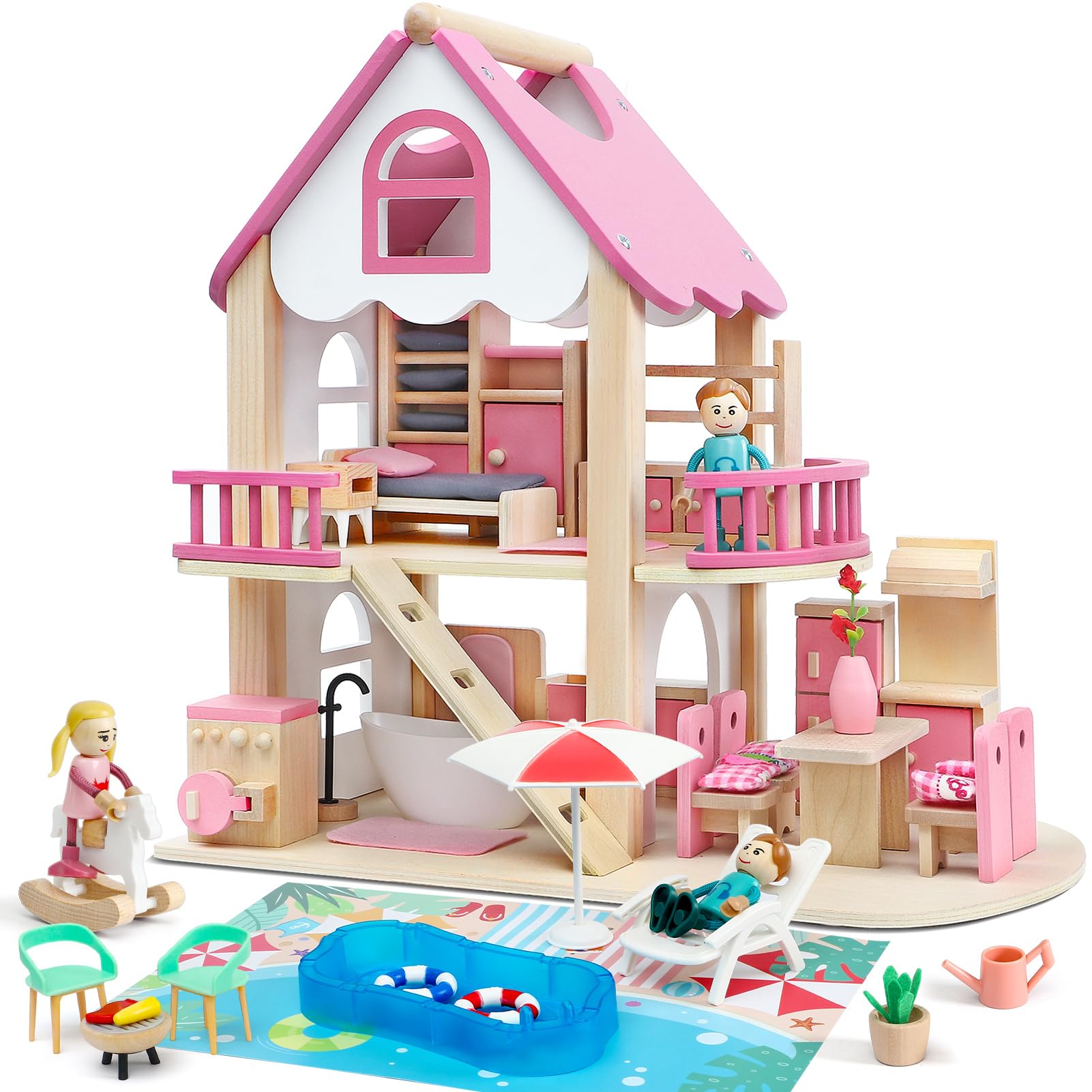 UPKOCH Set Accessori Miniatura Piscina Per Casa Delle Bambole – 5 Pezzi Tema Spiaggia, Ombrelloni, Lettini, Ciambella - 5