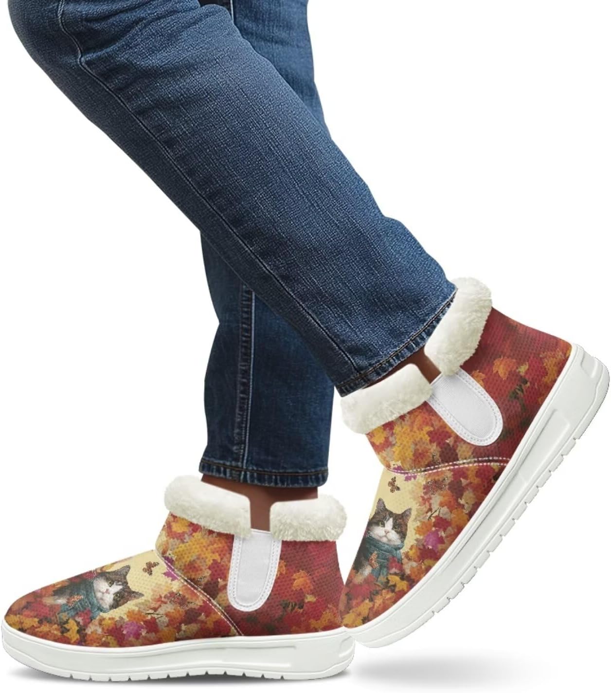 Howilath Cat Print Winter Boots for Women Flannel Snow Shoes Memory Foam Short Ankle Boots for Travel Hiking