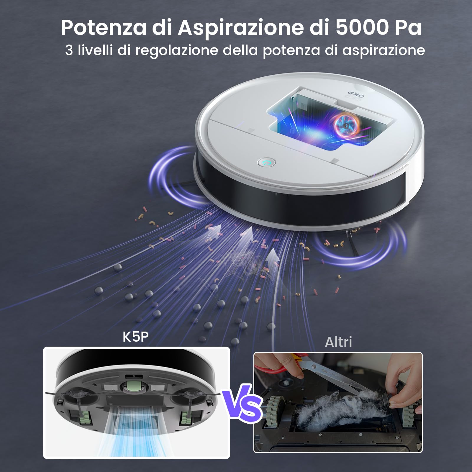 OKP K5 Pro Robot Aspirapolvere, 5000Pa di Potenza Aspirazione, 180 Min Autonomia, 7,7 cm Ultra Sottile, Evitamento Ostacoli PSD, Ricarica Automatica, Adatto Per Pavimenti Duri/Animali, WiFi/App/Alexa