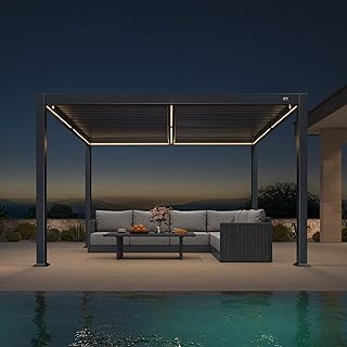 PURPLE LEAF Pergola 3 x 3.65 m mit Lamellendach Wasserdicht Stabil Winterfest Terrassenüberdachung Freistehend Lamellenpergola Verstellbaren Alu-Lamellen mit LED-Lichtleiste für Garten, Grau
