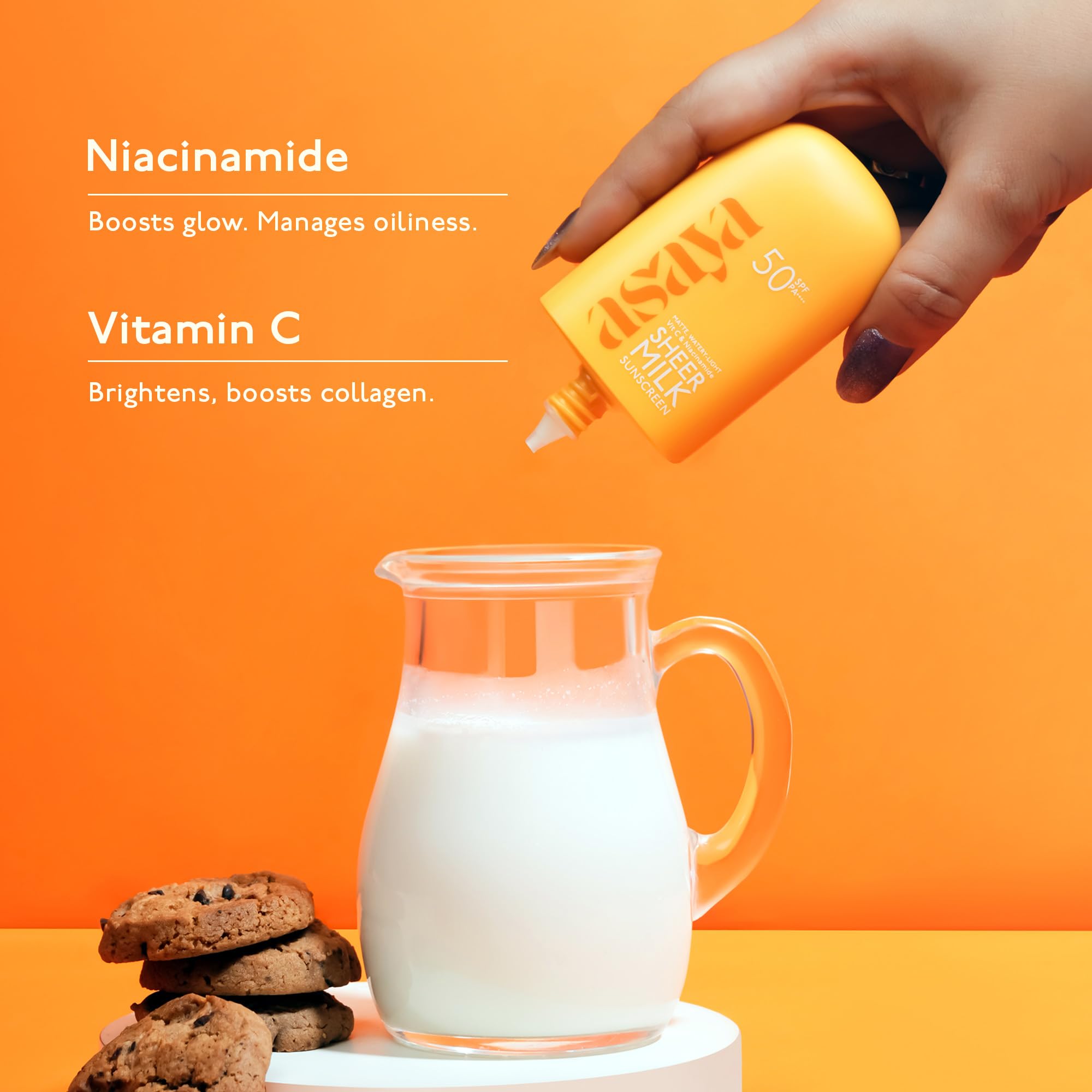 Asaya Sheer Milk Sunscreen SPF 50 PA++++ UVA + UVB | In-VIVO Tested | Lightweight Fluid Sunscreen with Vitamin C & Niacinamide for Brightening & Barrier Support | Water Based for Acne skin | Matte & Quick Absorbing | For Acne-Prone, Oily or Combination Skin | 50 ml 1