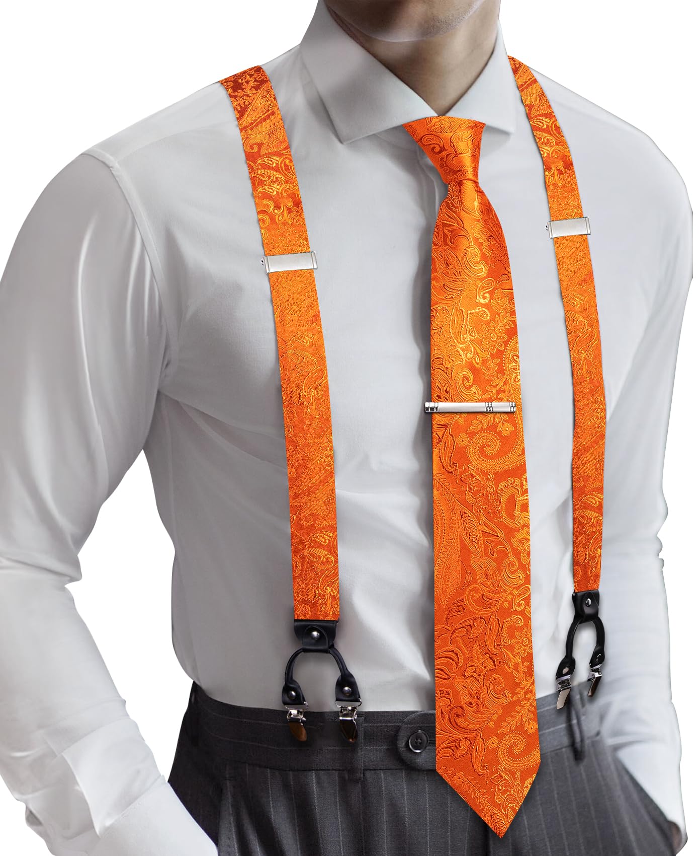 Barry.Wang Men Suspender Set with Necktie Elastic Y Type Heavy Duty 6 Clips Braces Tie Handkerchief Cufflink Pin 6PCS, Solid Light Orange Floral