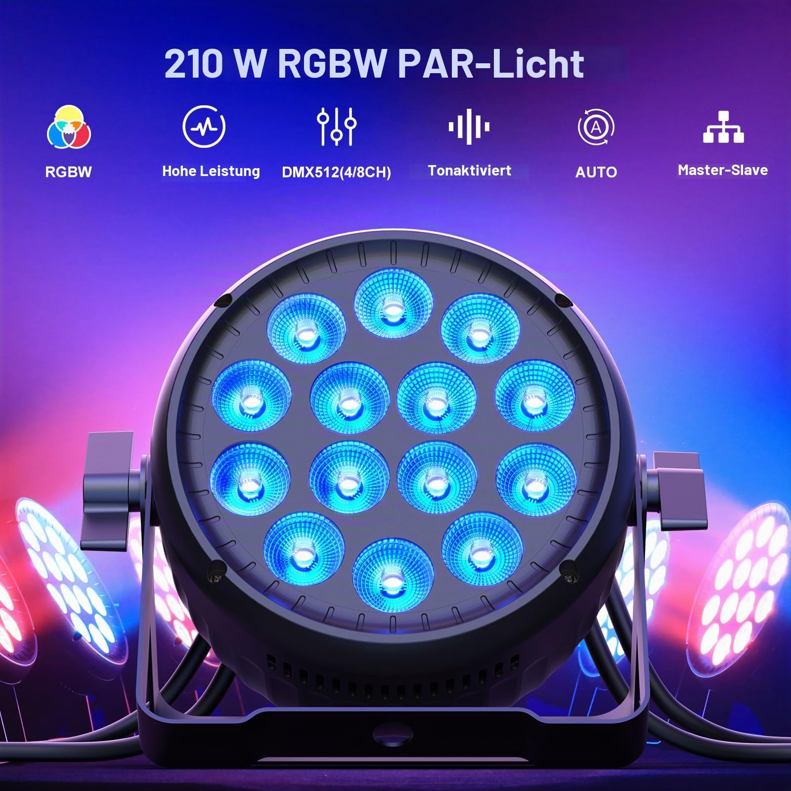 210W RGBW LED Par Scheinwerfer, Multi-Effekt DMX512 Leiser Betrieb LED Bühnenlicht Hochleistungs-Strahler mit Soundaktivierten für Party DJ Drama Club Hochzeit Halloween