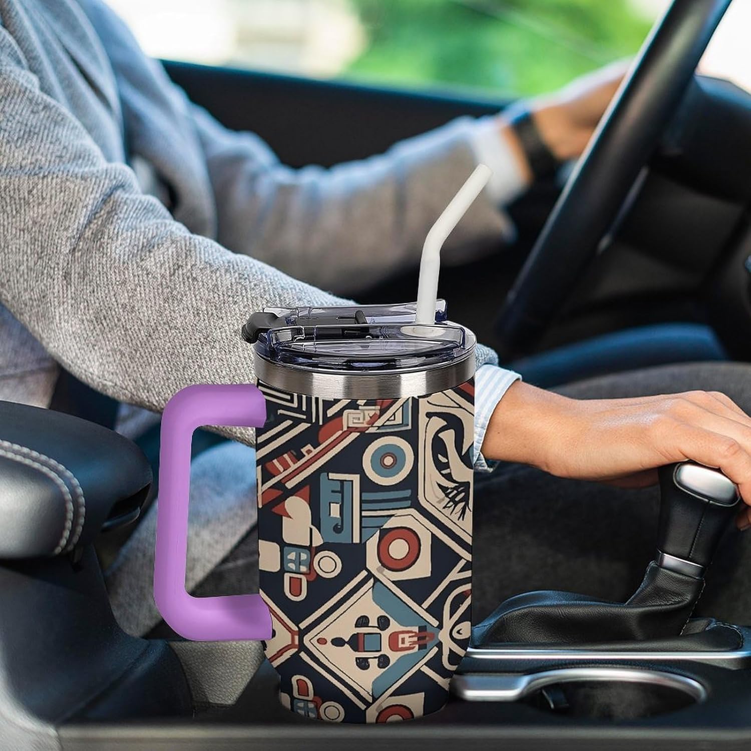 Large Car Cup with Handle&Lid Fashion Tribal Style Pattern Tumbler Sturdy Insulated Water Bottle Stainless Steel Vacuum Travel Mug Portable Coffee Cup for Home Outdoor 40 Oz Violet-style