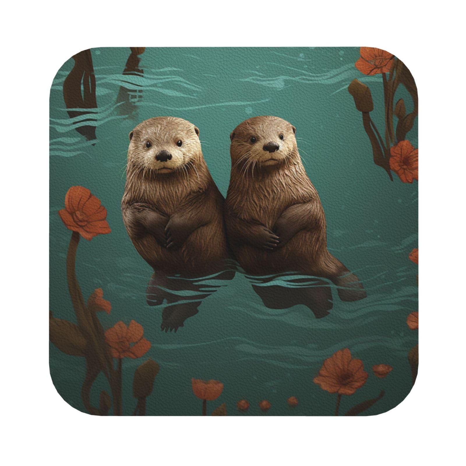 Fodpand Square Otters In Love Drink Coasters Set Of 4, Heat Resistant Leather Coasters Fuuny Bar Beer Beverage Coaster For Drinks, Absorbent Cup Mat For Tabletop Protection, Housewarming Gift