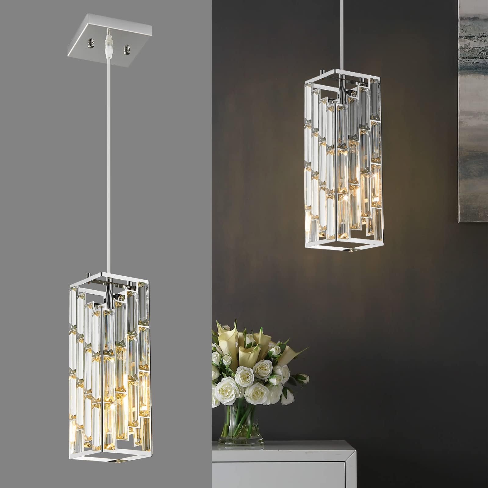 Bewamf Modern Chrome Crystal Ceiling Pendant Lighting Adjustable Mini