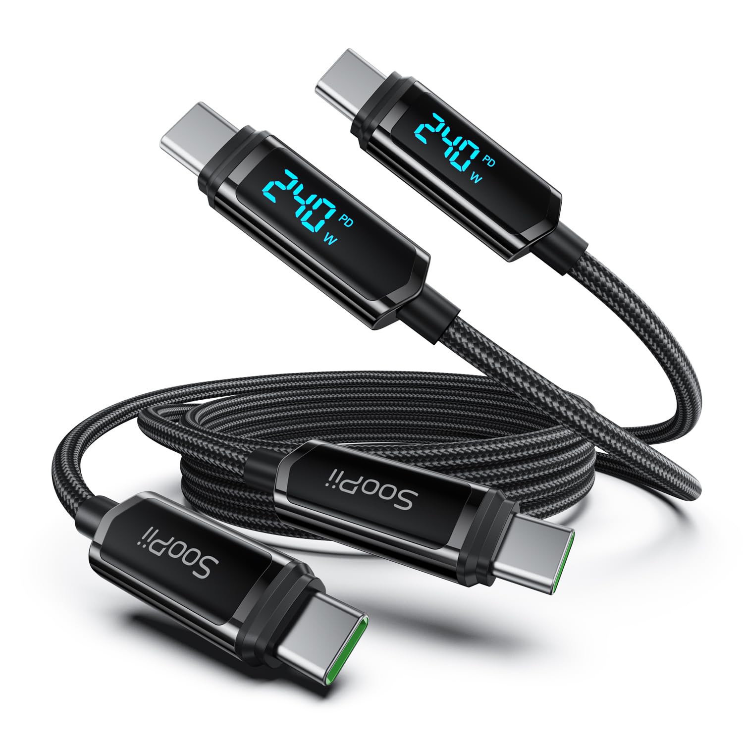 Product image of SOOPII USB C to USB C Cable [4ft/2Pack], 240W USB C Cable,Nylon Braided Type C Fast Charging Cables with LED Display for lPhone 16/15 Pro Max, Galaxy S25/S24, MacBook Pro/Air, iPad, Laptop,Black