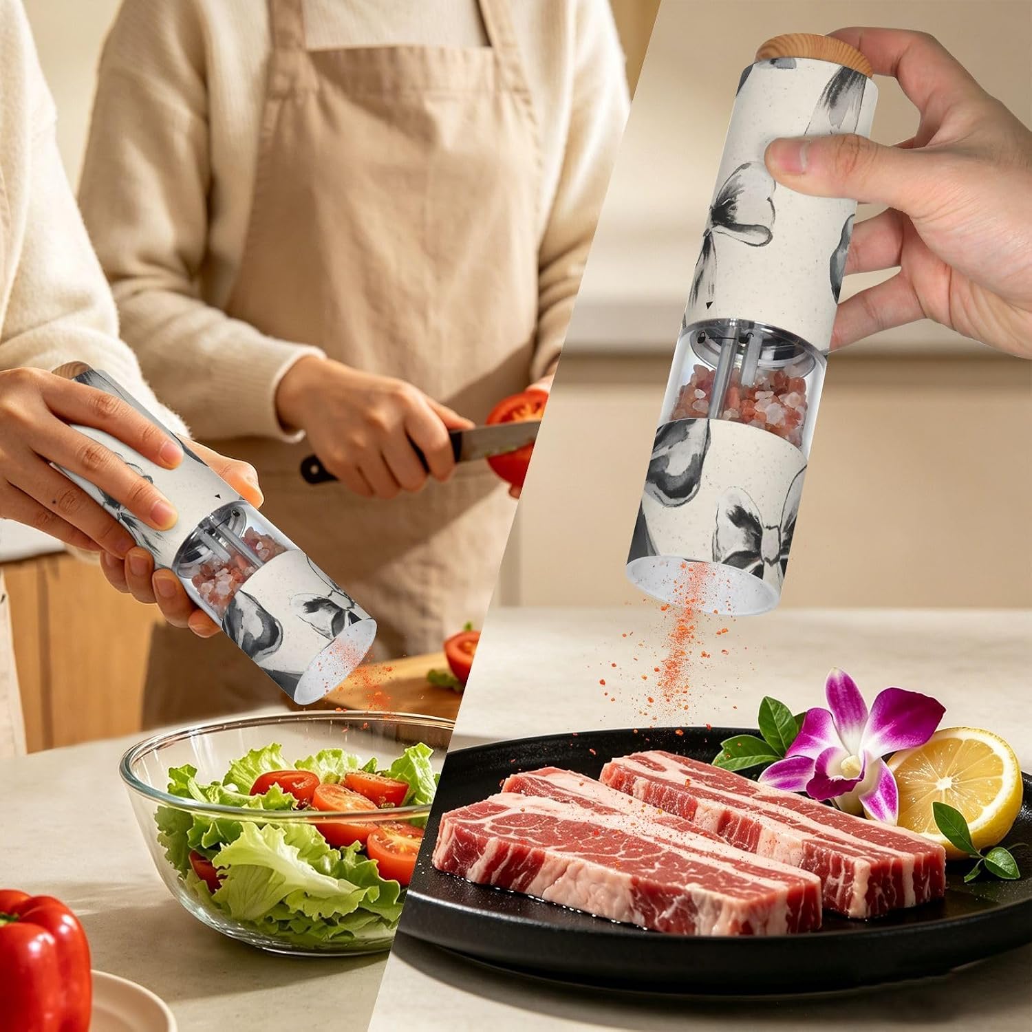 ALAZA Electric Pepper Grinder with Adjustable Coarseness, Watercolor Black Grey Bows Pattern Battery Automatic Salt and Pepper Mill with Led, One-Handed Operation Spice Grinder for Kitchen, Camping &