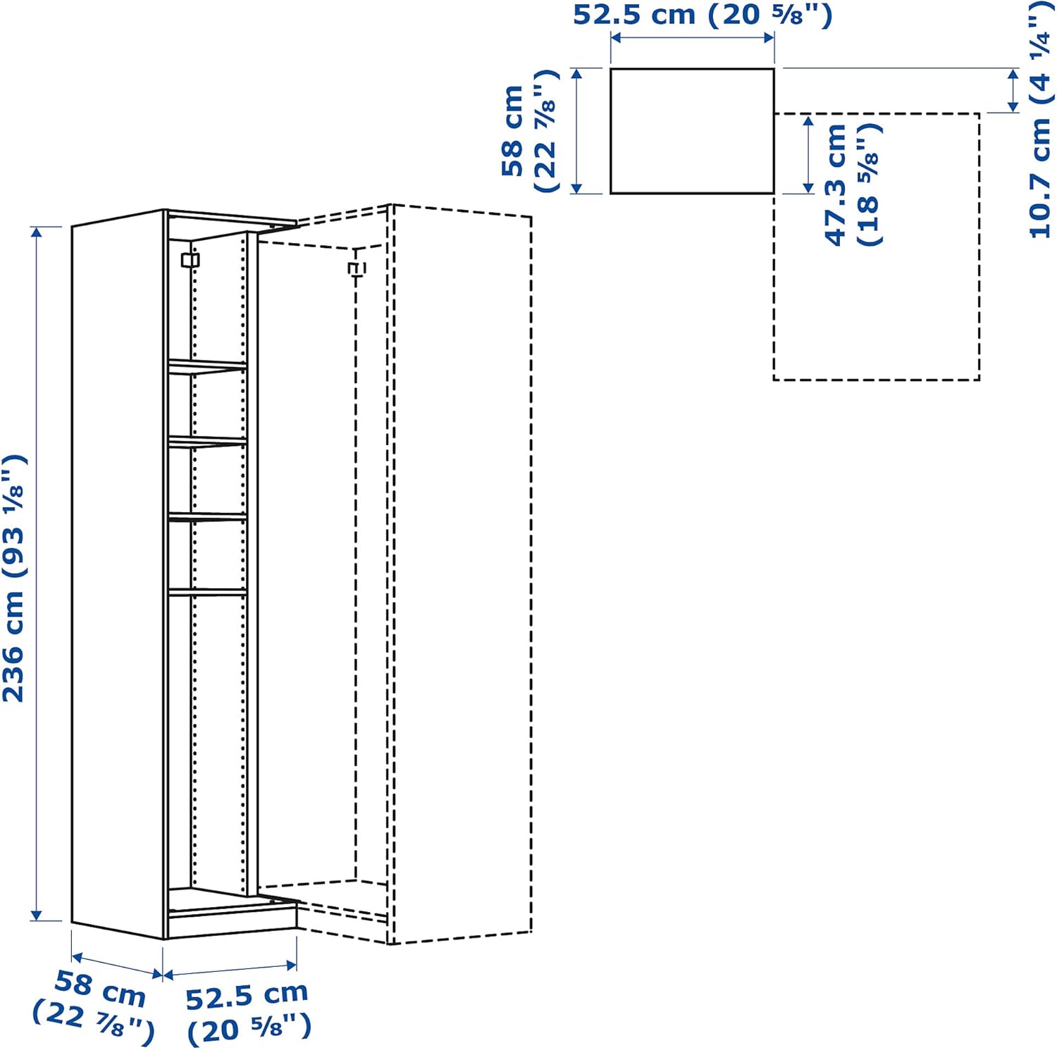 PAX Add-on corner unit with 4 shelves, white stained oak effect, 53x58x236 cm