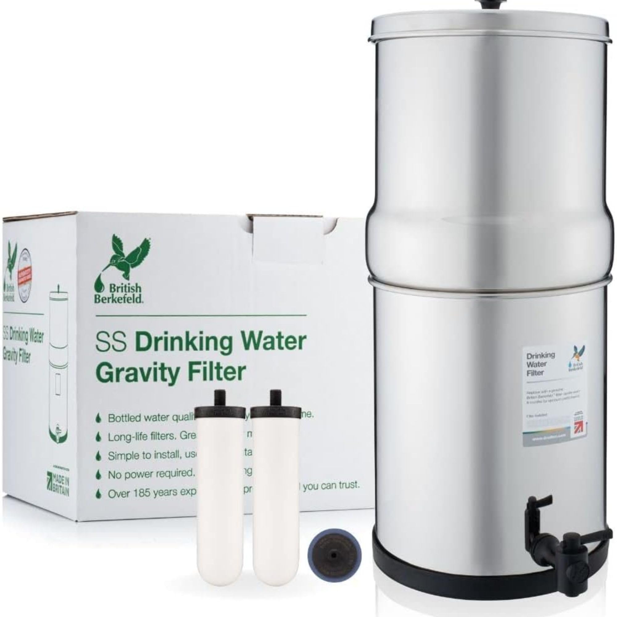 British Berkefeld Sistema De Filtro De Agua Por Gravedad De Acero Inoxidable De 6 Litros | Incl. 2 cartuchos Ultra Sterasyl | Agua limpia con un sabor excelente |No requiere electricidad ni fontanería