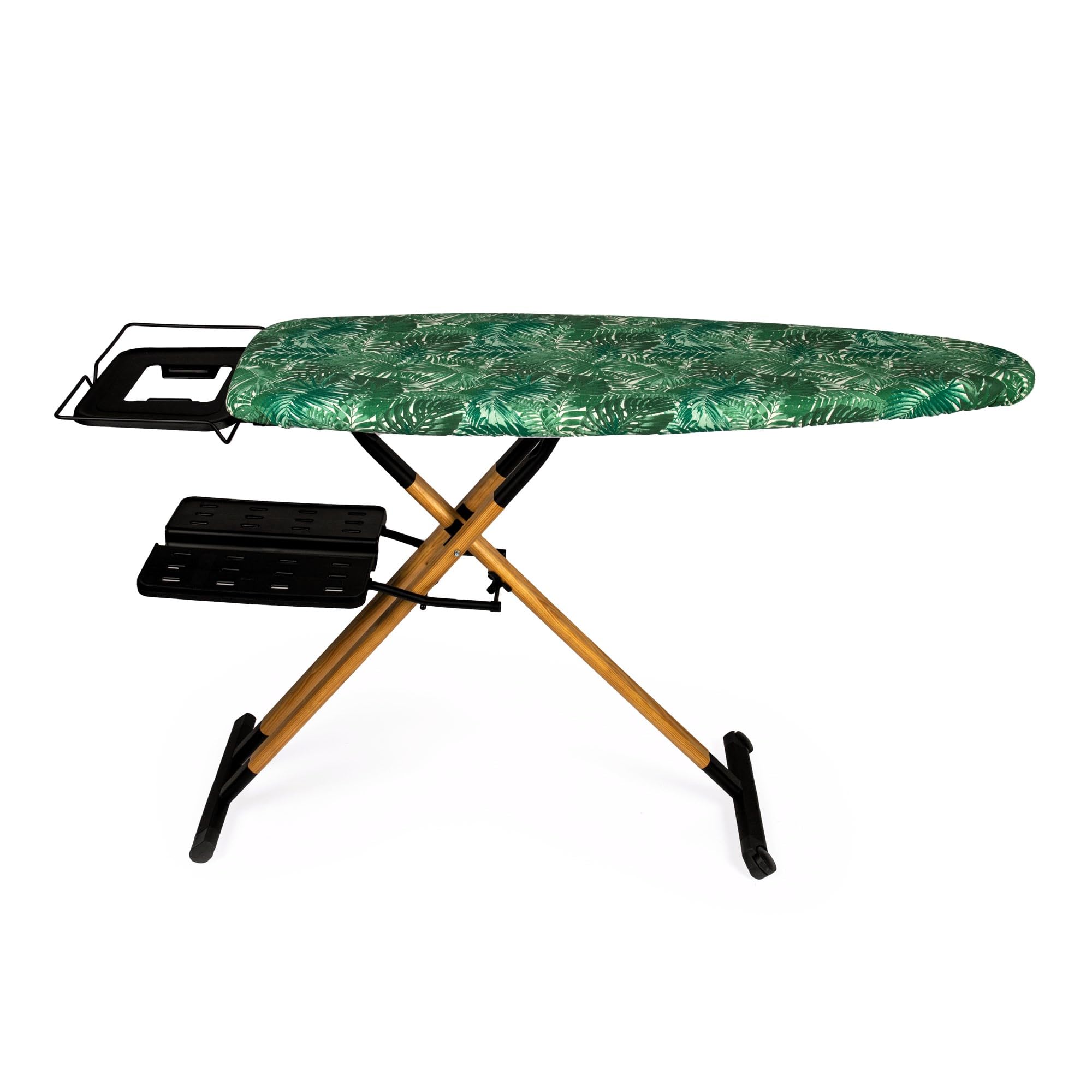 Tabla de Planchar GoldWoodVIP- 130x47 cm XXL, Madera Natural y Aluminio, Altura Regulable 98 cm, Estable, Ligera y Resistente, Ruedas, Soporte centro planchado + Bandeja para ropa, Fabricada en Europa