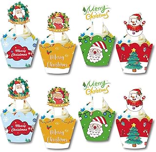 48 Pcs Christmas Cupcake Toppers and Wrappers, Christmas Party Decorations, Santa Claus Snowman Reindeer Christmas Tree Hand Cake Christmas Party Decorations Supplies