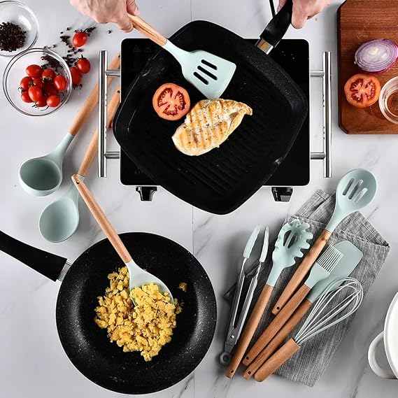 Kitchen Utensil Set, 12 PCS Silicone Cooking Utensils Set with Wooden Handle, Heat Resistant, Nonstick Cookware Tongs Spatula Spoon Set, Dishwasher Safe, Best Kitchen Tools (Green)