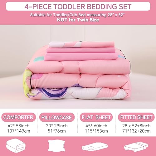 Vista 6 de Wowelife Juego de ropa de cama de unicornio para niñas pequeñas, juego de sábanas de 4 piezas para niños pequeños, juego de edredón rosa para niños