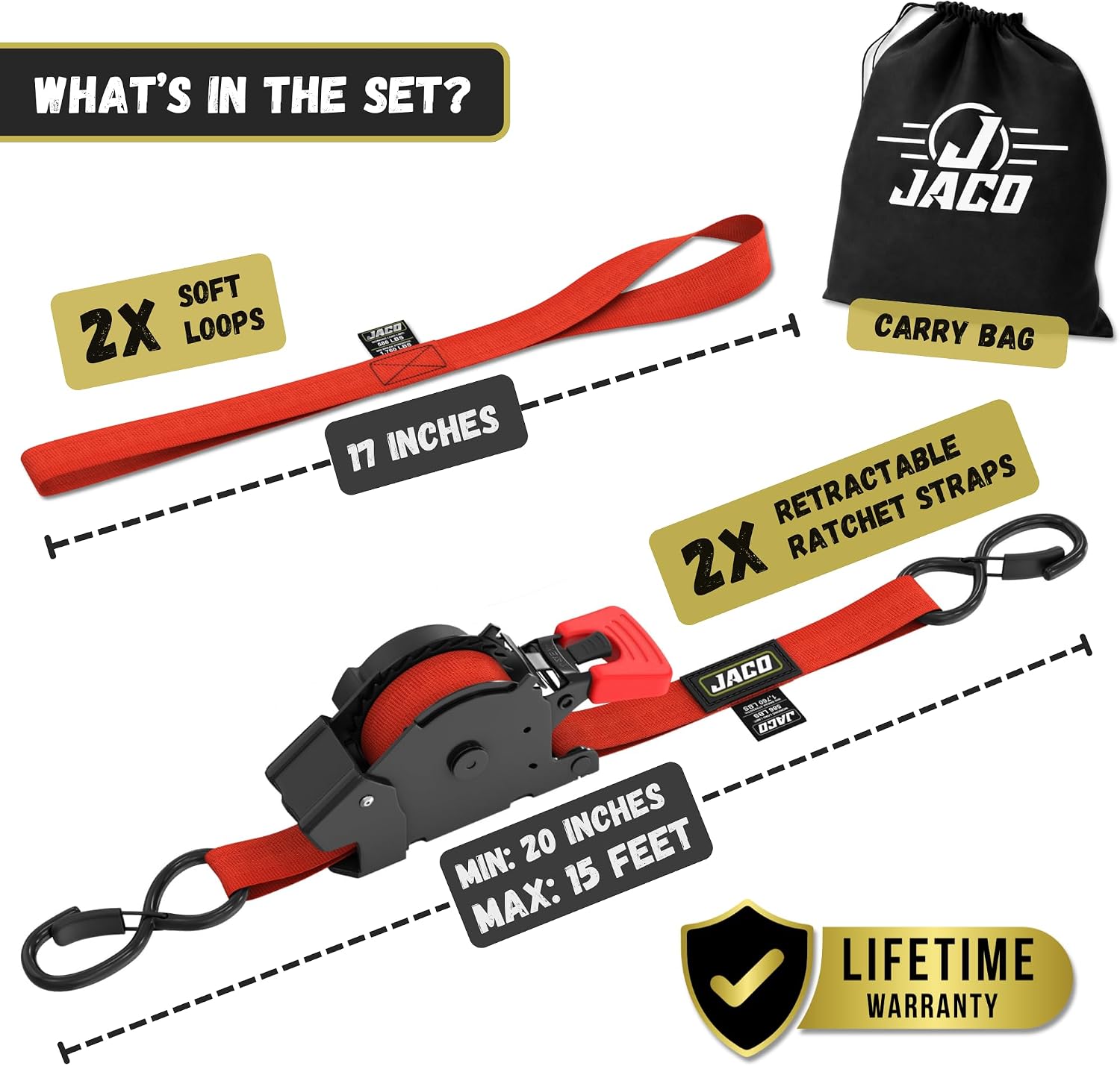 JACO Retractable Ratchet Straps - 1 in x 15 ft (2-Pack) (1,760lbs Break Strength) | Auto Self Retracting Cargo Tie Down Strap Set (Red)