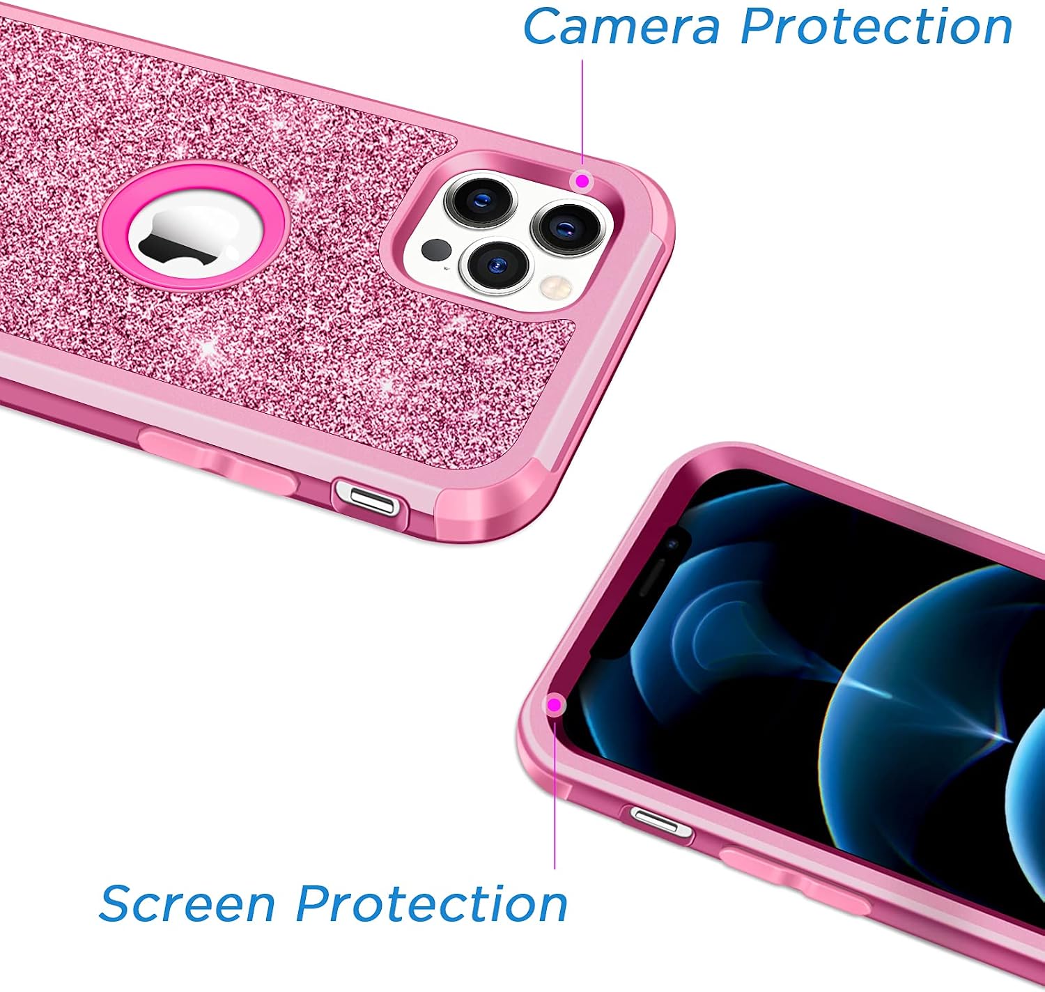 Hython Compatible with iPhone 12 Pro Max Case, Heavy Duty Defender Protective Case Bling Glitter Sparkle Hard Shell Hybrid Shockproof Rubber Bumper Cover for iPhone 12 Pro Max 6.7-inch 2020, Rose Red