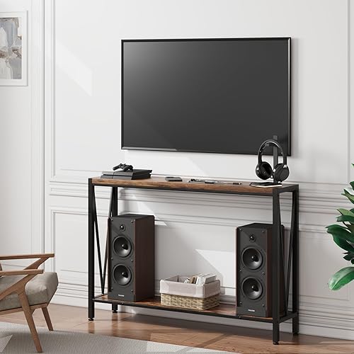 Miniatura 5 de IDEALHOUSE Mesa consola rústica, 42.9 pulgadas, color gris, mesa de entrada, estante largo estrecho de metal de madera de 2 niveles, para detrás del