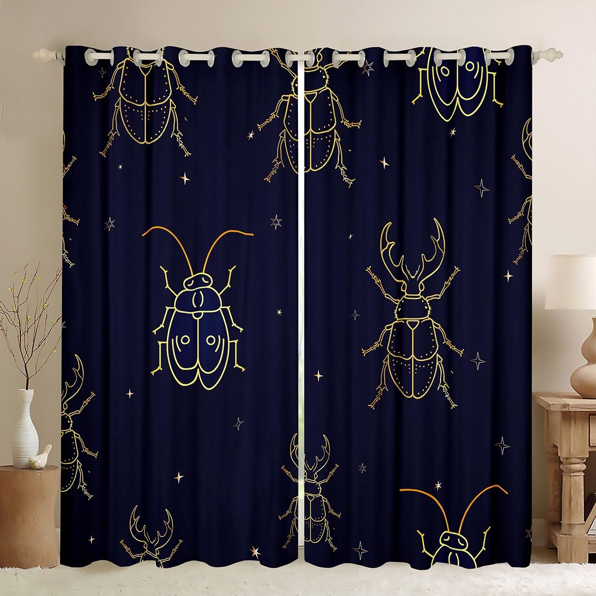 Boho Beetle Window Curtains,Stars and Moon Curtain,Galaxy Gradient Window Drapes for Kid Teens Boys Young Man,Modern Bedroom Decorative,Beetle Printed Curtain,52Wx63L