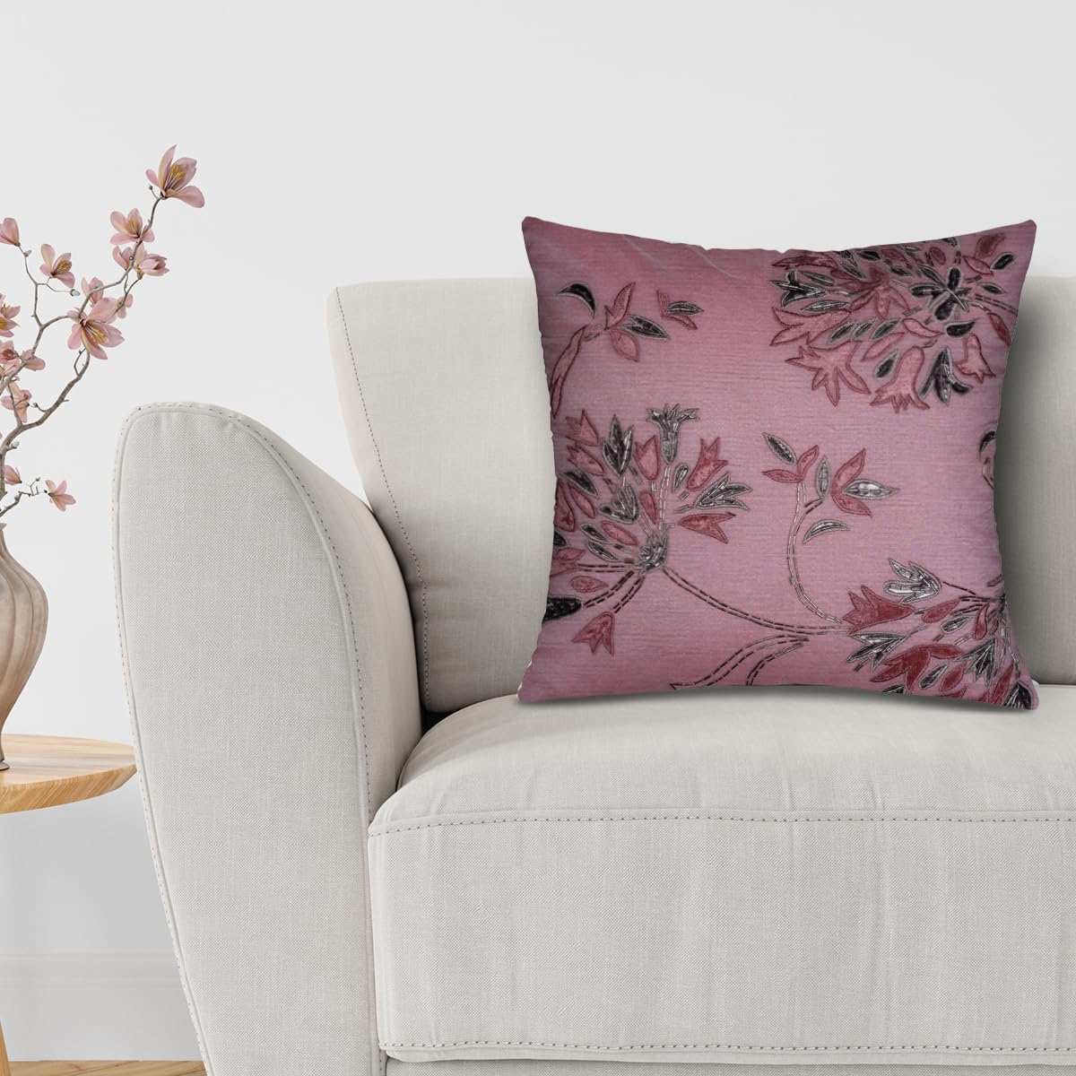 Decozen Throw Pillow Cover - Home Decor Sequins Hand Floral Embroidered Pillow Covers for Living Room, Bedroom - Zipper Pillow Cases for Stylish Room Decor Accent - Pink 18X18 Inches 1 Pc