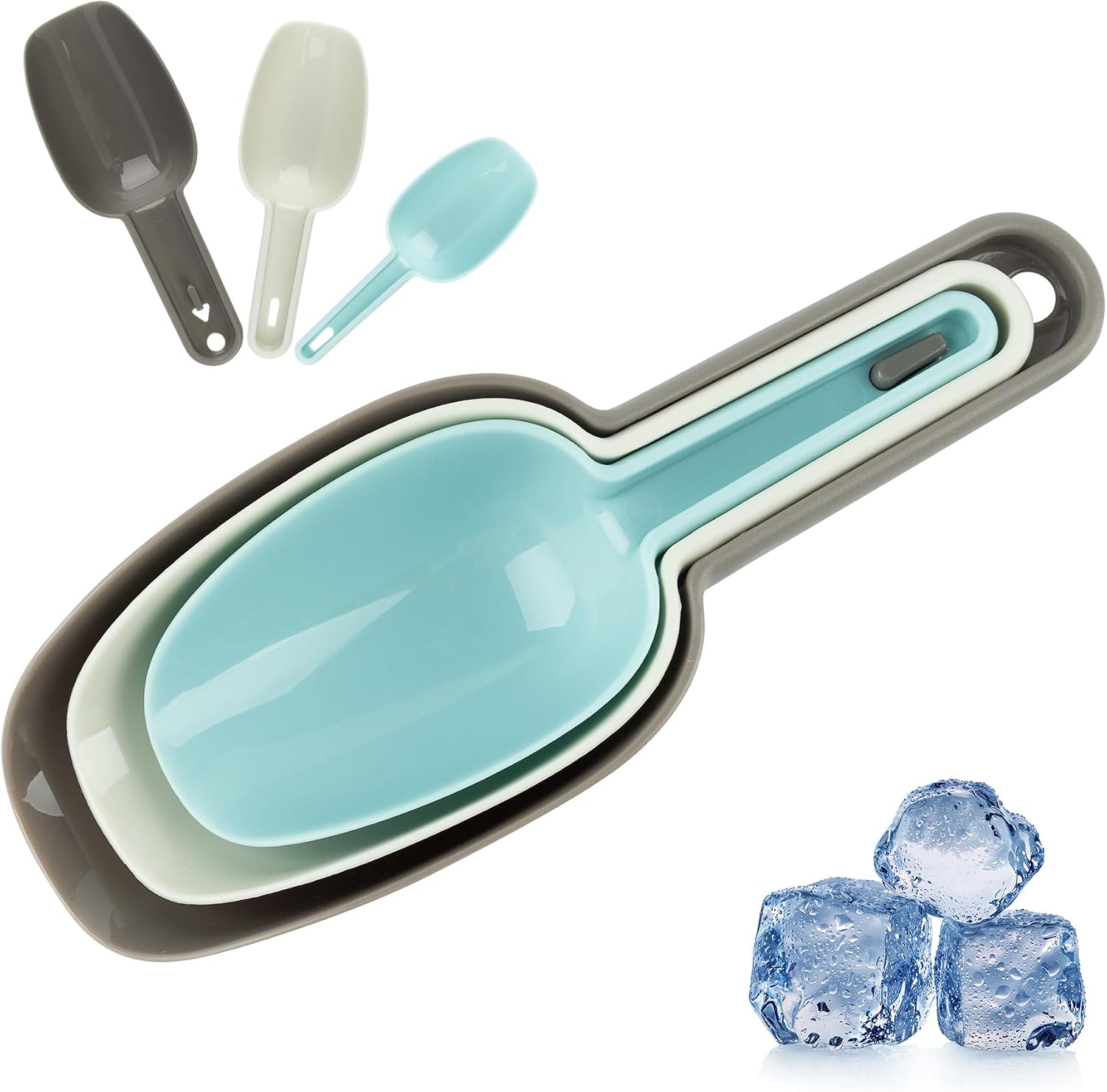 AUEAR, 3 in 1 Plastic Ice Scoop Multi Purpose Measuring Flour Scoops Kitchen Bar Scooper for Canisters Cereal Popcorn Powders Dry Foods Candy